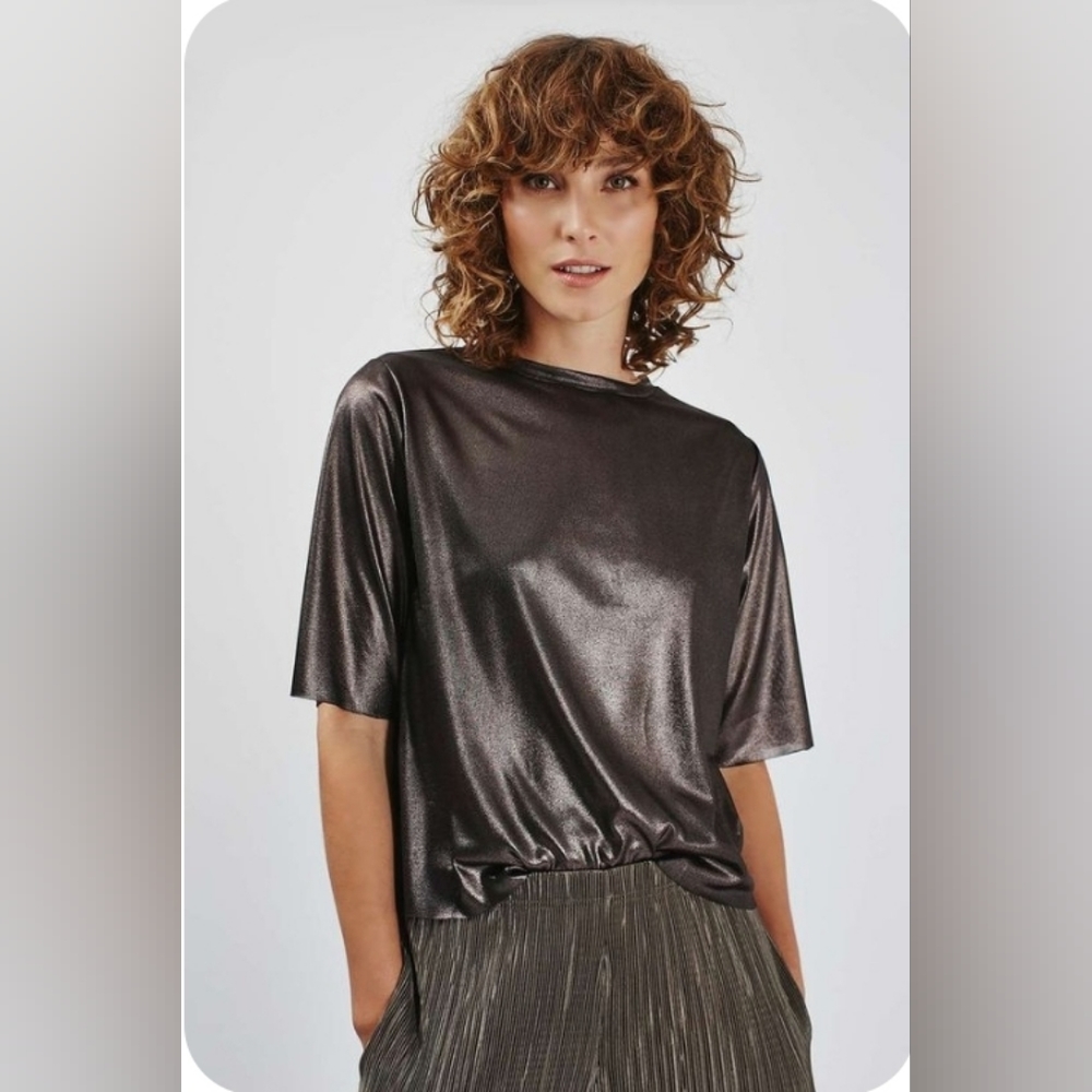 Metallic Gold/Silver/Pewter Top Short Sleeve Size M - Picture 3 of 13